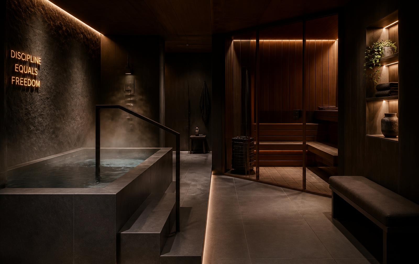 Luxury recovery suite with cold plunge and sauna in warm low light